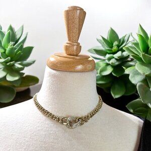 Gold Tone Chain Link Choker Necklace Rhinestone Accent